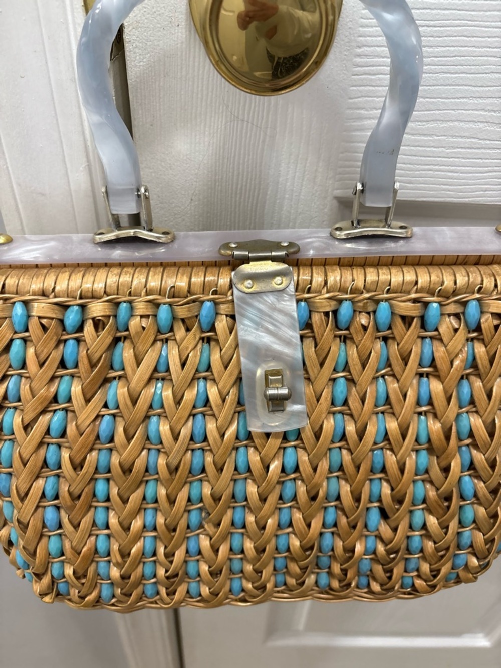 Vintage 50’s Wicker Handbag With Turquoise Accent and Pearl Handle BB Hong Kong - Picture 3 of 6